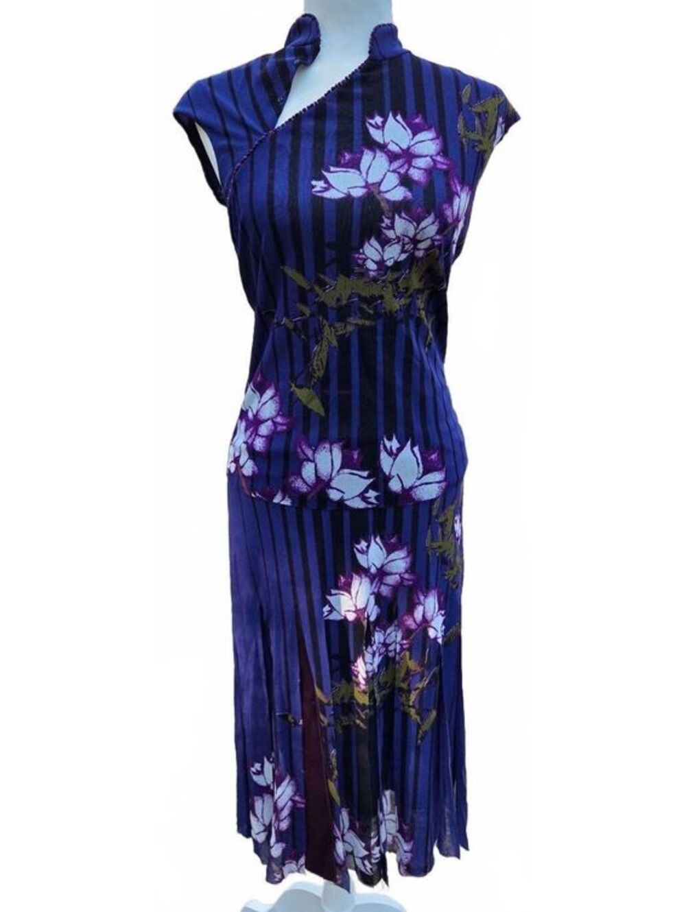 Rare Vintage Y2K Vivienne Tam Archival Lotus Pinstripe Sheer Mesh 2-Piece Set